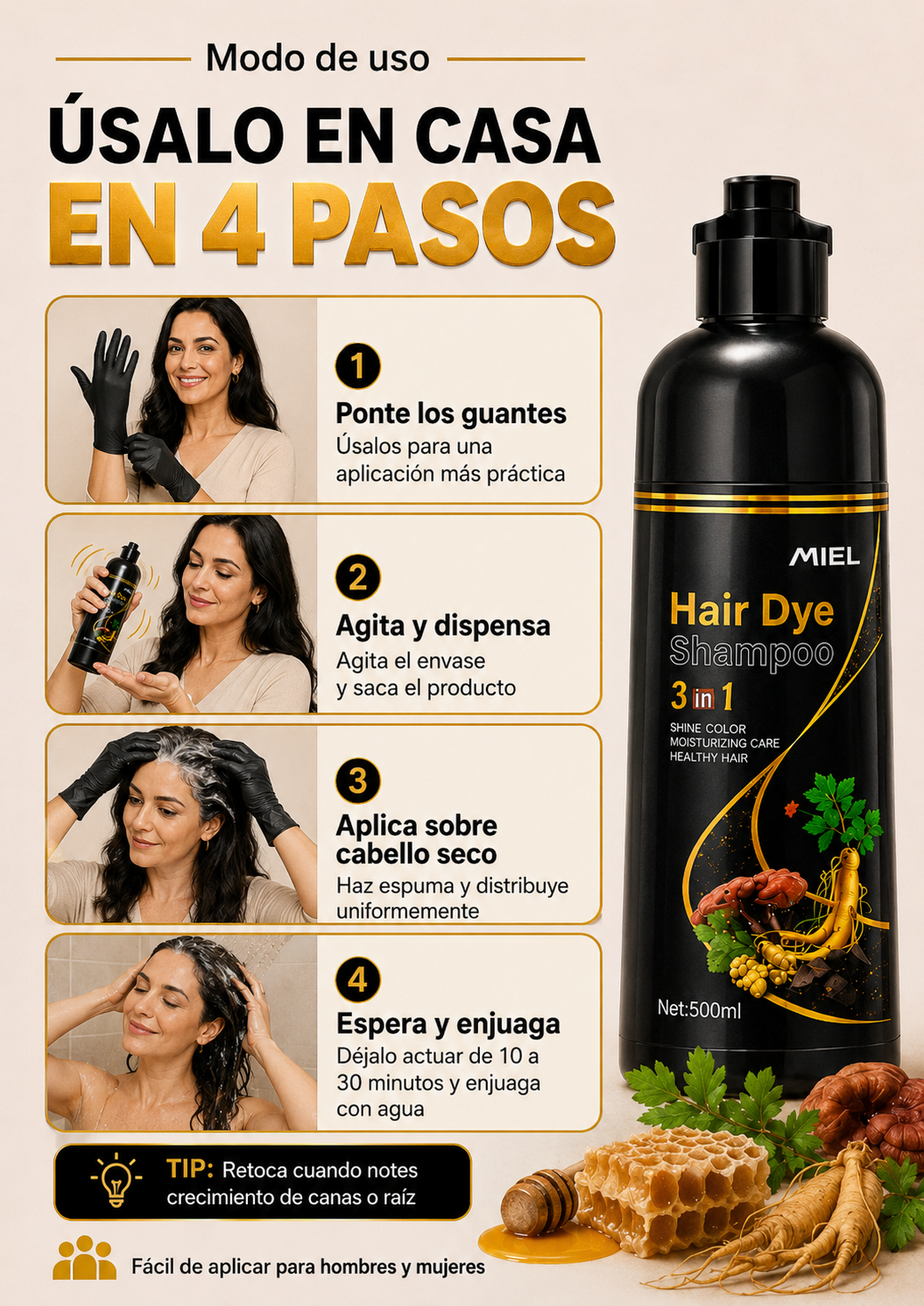 Shampoo Cubre Canas 3 en 1 marca Miel